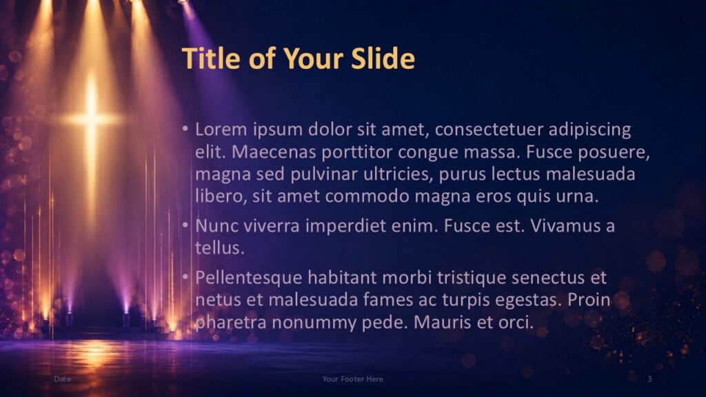 Radiant Cross Content 2 PowerPoint Google Slides Template Radiant Cross content layout for PowerPoint and Google Slides template with centered text, soft beams, and cross scene.