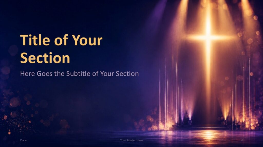 Radiant Cross Divider 1 PowerPoint Google Slides Template Radiant Cross section divider for PowerPoint and Google Slides template with large left title and warm worship lighting.