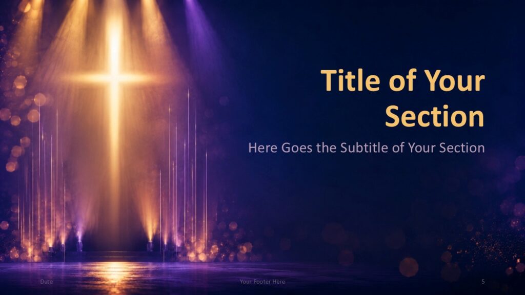 Radiant Cross Divider 2 PowerPoint Google Slides Template Radiant Cross section title slide for PowerPoint and Google Slides template with right alignment and glowing cross beams.