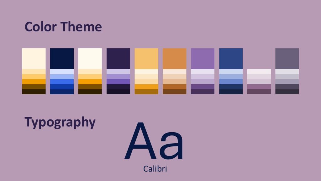 Radiant Cross Fonts PowerPoint Google Slides Template Radiant Cross color palette and fonts slide for PowerPoint and Google Slides template with gold, navy, and purple tones.