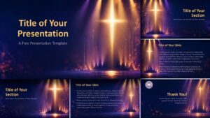 Radiant Cross PowerPoint and Google Slides template showing all slides with glowing cross, gold beams, and worship layouts.