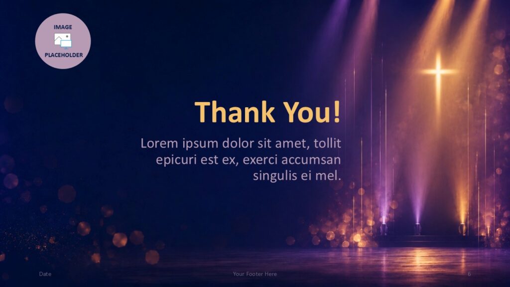 Radiant Cross Thank You PowerPoint Google Slides Template Radiant Cross thank you slide for PowerPoint and Google Slides template with closing message and warm church-stage glow.