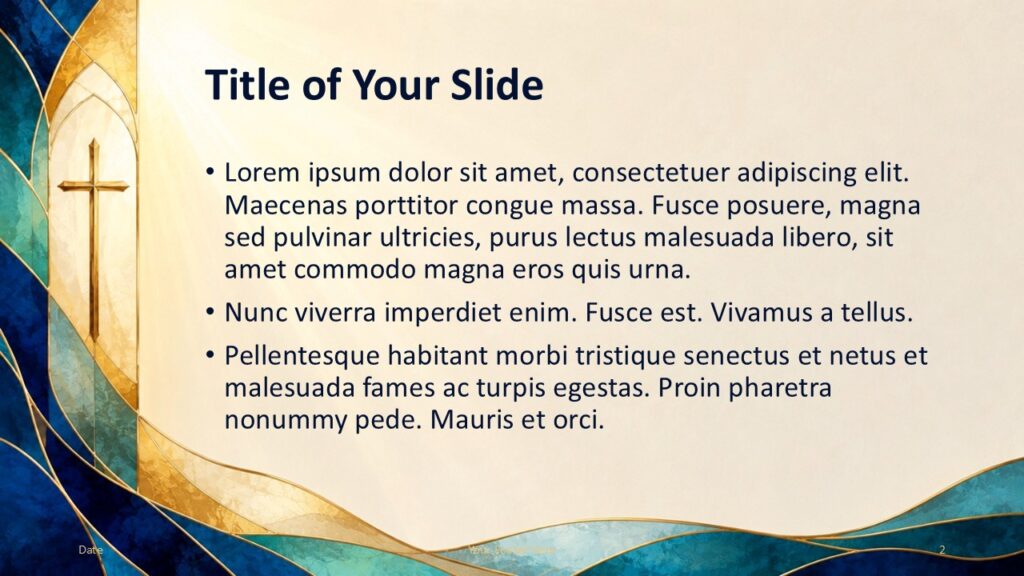 Sacred Glass Content PowerPoint and Google Slides Sacred Glass content slide for PowerPoint and Google Slides with left cross artwork and readable sermon text layout.