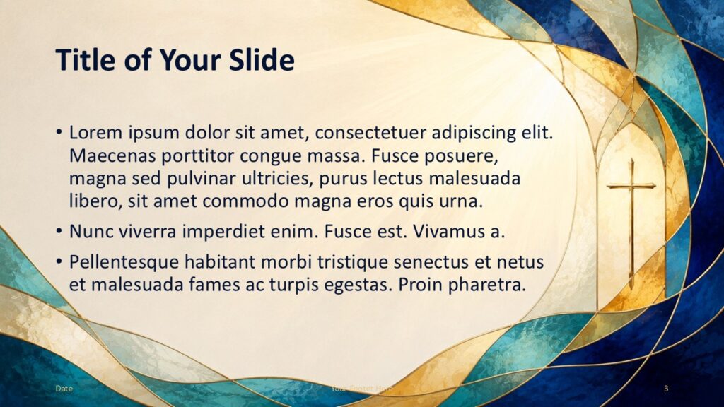 Sacred Glass Text Slide PowerPoint and Google Slides Sacred Glass content slide for PowerPoint and Google Slides with right cross artwork and spacious text placement.