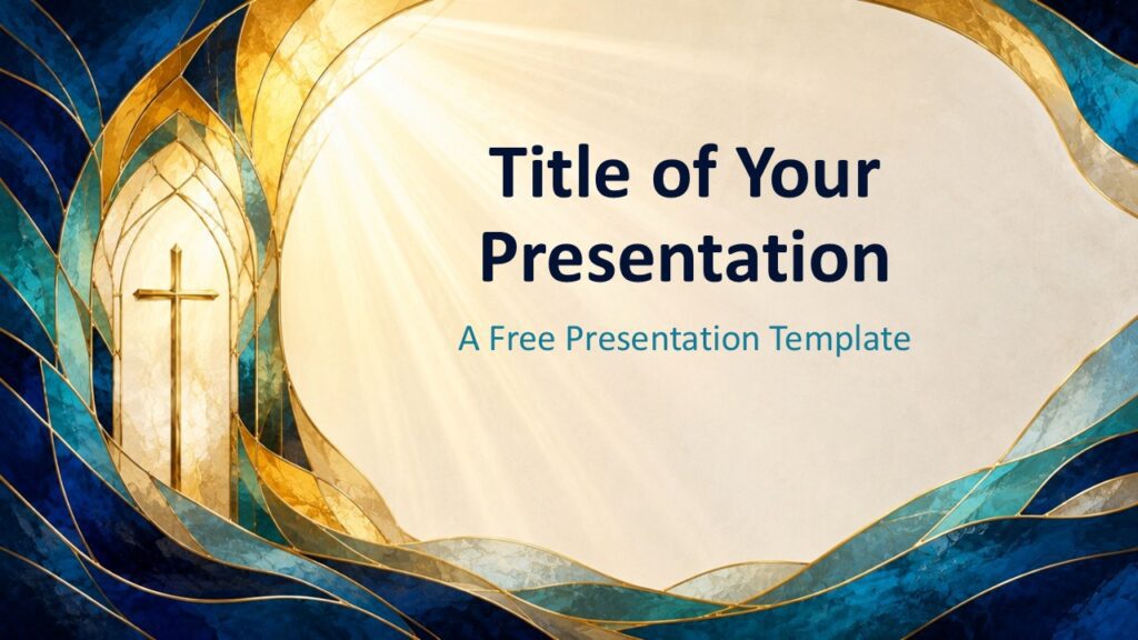 Sacred Glass Cover PowerPoint and Google Slides Sacred Glass cover slide for PowerPoint and Google Slides with glowing cross artwork, gold accents, and cream space.