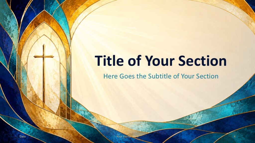Sacred Glass Divider PowerPoint and Google Slides Sacred Glass section divider for PowerPoint and Google Slides with centered title, gold curves, and sacred glow.