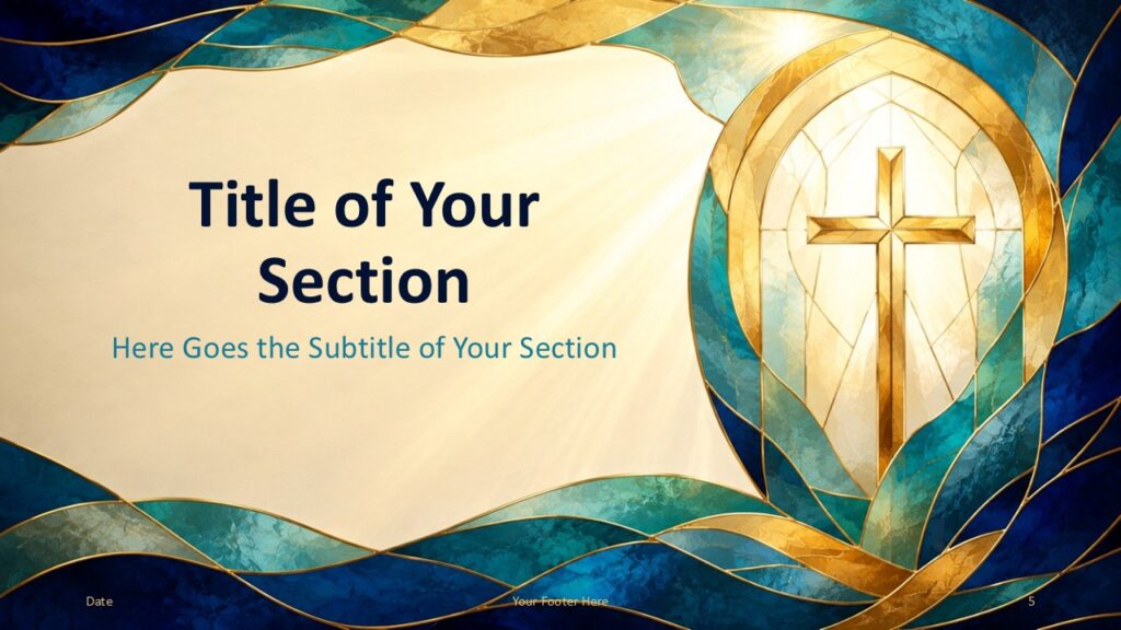 Sacred Glass Section PowerPoint and Google Slides Sacred Glass section slide for PowerPoint and Google Slides with split layout, large cross art, and elegant title space.