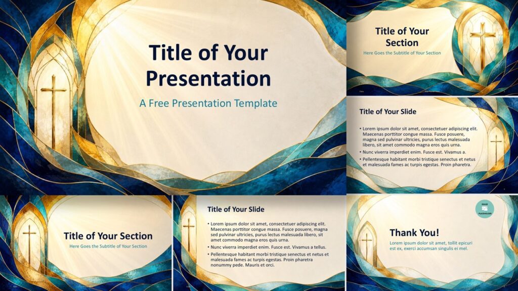Sacred Glass Template for PowerPoint and Google Slides with stained glass cross artwork and eight polished slide views.