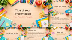 School Supplies Desk Template for PowerPoint and Google Slides with colorful classroom stationery and six editable layouts.