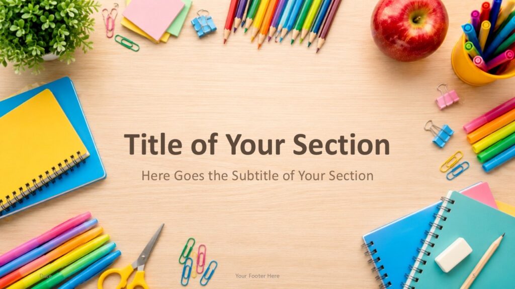 Second section divider for the School Supplies Desk Template in PowerPoint and Google Slides with neat subtitle placement.