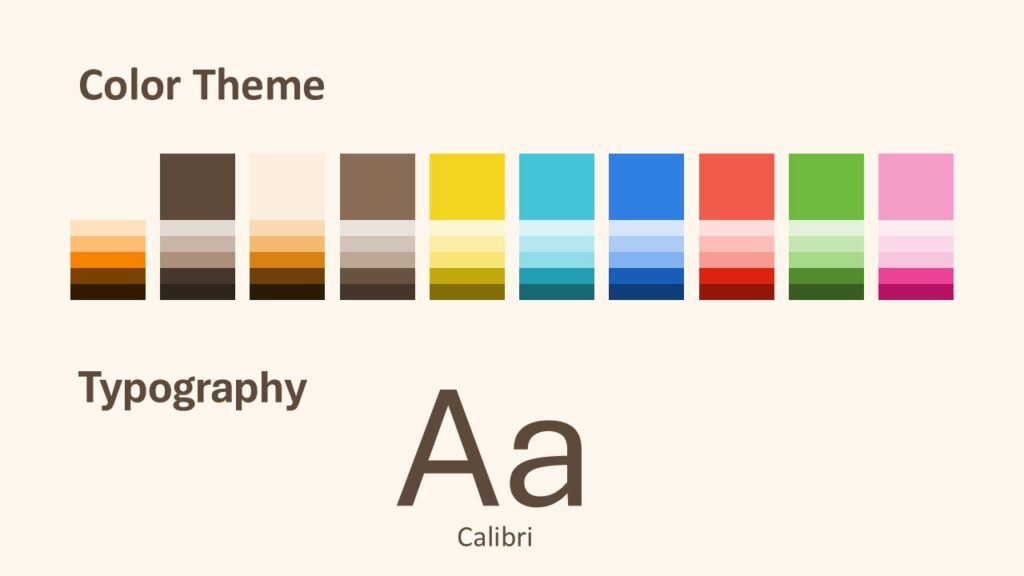 Color palette and fonts slide for the School Supplies Desk Template in PowerPoint and Google Slides using Calibri type.