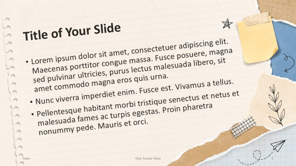 Scrapbook Notes PowerPoint Google Slides Content Template 2 Scrapbook Notes content template for PowerPoint and Google Slides with angled notebook paper, bullets, and soft accents.