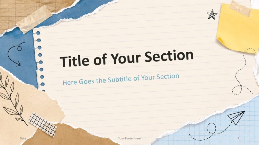 Scrapbook Notes PowerPoint Google Slides Divider Template 1 Scrapbook Notes section divider template for PowerPoint and Google Slides with title, subtitle, torn paper, and doodles.