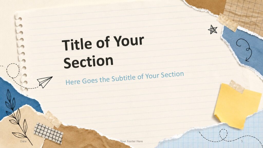 Scrapbook Notes PowerPoint Google Slides Divider Template 2 Scrapbook Notes divider template for PowerPoint and Google Slides with large section title, sticky note, and scrapbook style.