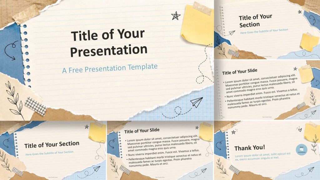Scrapbook Notes template for PowerPoint and Google Slides with all slides, torn paper textures, doodles, and warm colors.