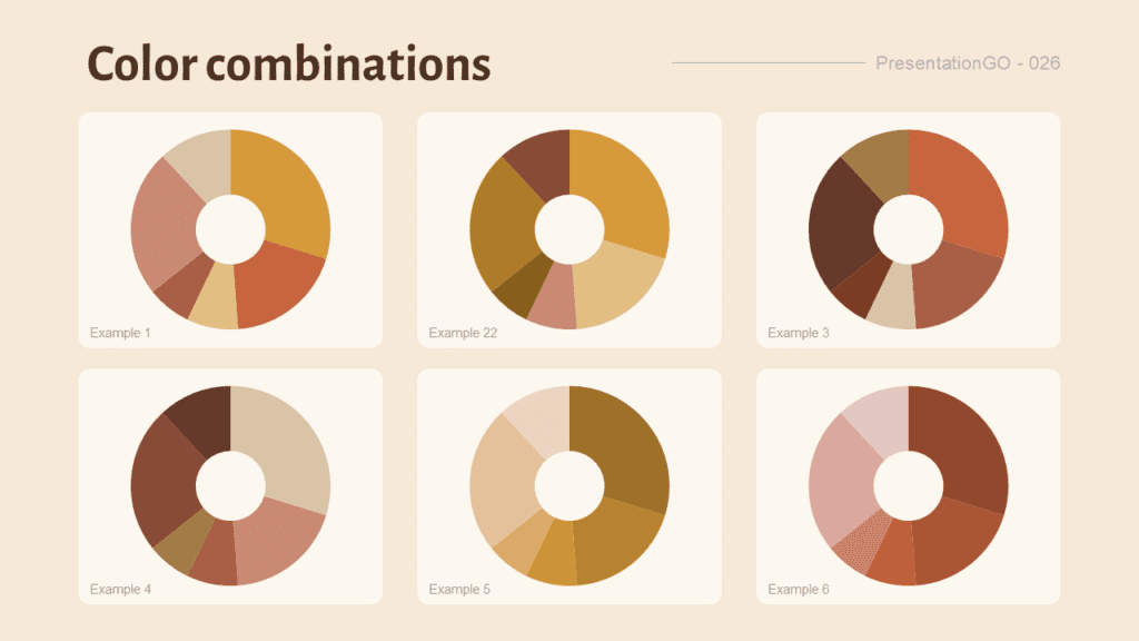 Spice Market Color Combinations for PowerPoint Six doughnut chart examples showing Spice Market color combinations for presentation design.