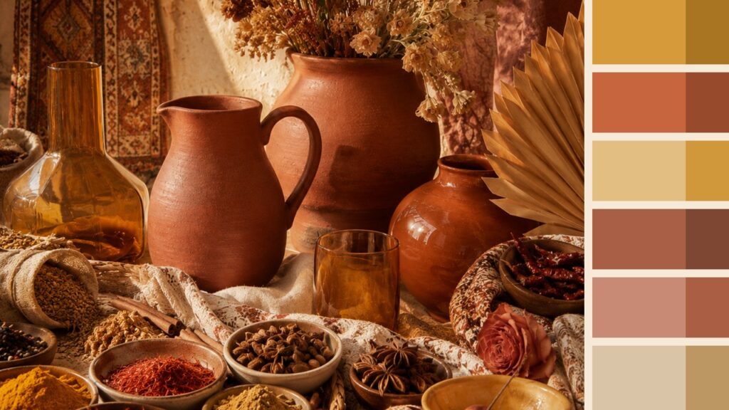 Spice Market Palette Inspiration Photo Still life photo with clay vessels, amber glass, dried flowers, spices, and matching Spice Market color blocks.