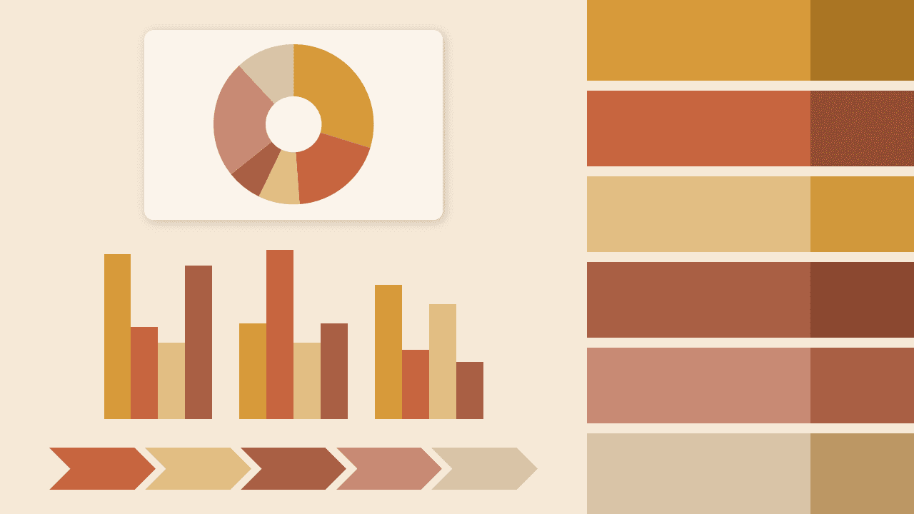 Spice Market PowerPoint color palette with warm presentation design examples, including charts and color blocks.
