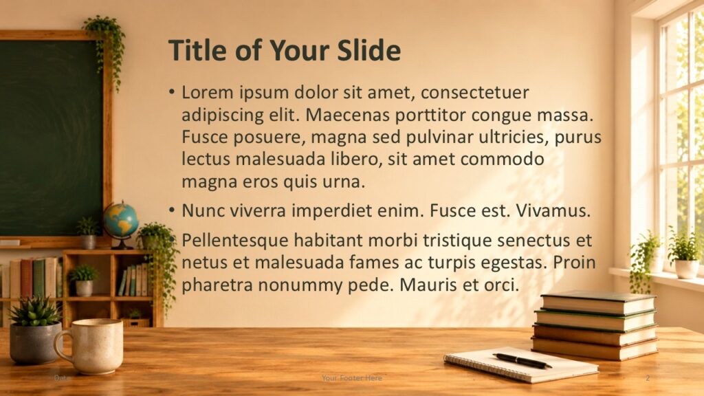 Sunlit Classroom title and content slide for PowerPoint and Google Slides template with readable text and classroom decor.