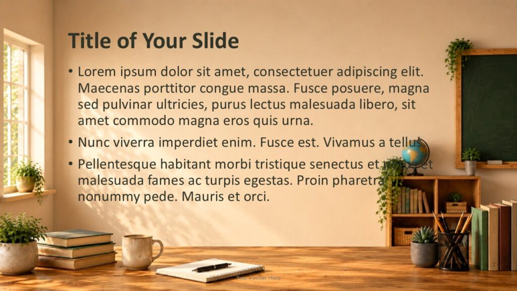Sunlit Classroom content slide for PowerPoint and Google Slides template with wide text space, books, plants, and chalkboard.