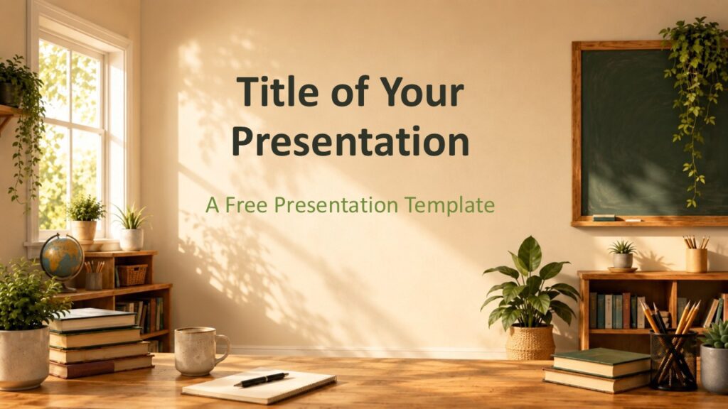 Sunlit Classroom cover slide for PowerPoint and Google Slides template with desk, chalkboard, plants, and study room style.