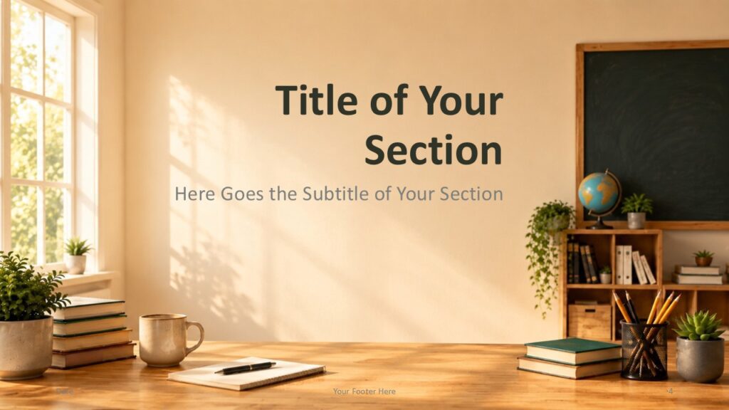 Sunlit Classroom section divider for PowerPoint and Google Slides template with centered title, subtitle, and academic mood.