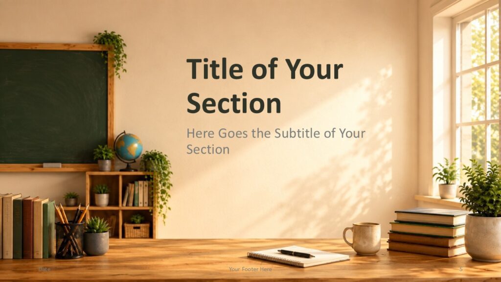 Sunlit Classroom alternate section slide for PowerPoint and Google Slides template with chalkboard, window, and desk scene.