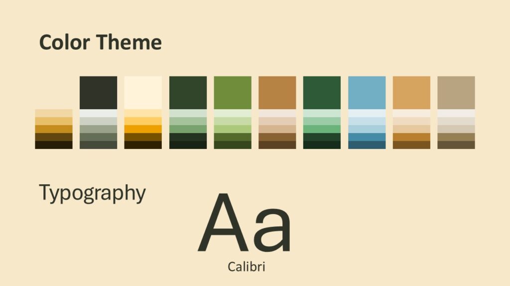 Sunlit Classroom color palette and fonts slide for PowerPoint and Google Slides template with greens, browns, and Calibri.