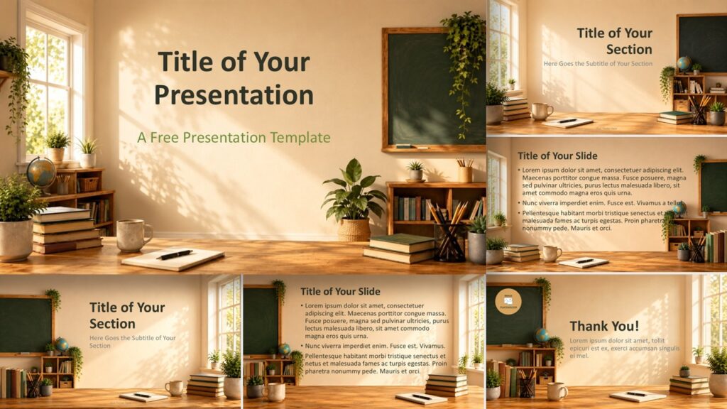 Sunlit Classroom PowerPoint and Google Slides template showing education slides with books, plants, and warm study visuals.