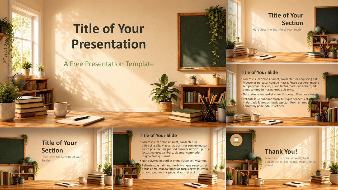 Sunlit Classroom PowerPoint and Google Slides template showing education slides with books, plants, and warm study visuals.