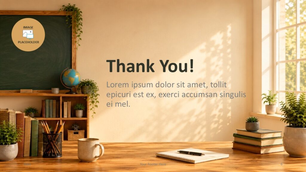 Sunlit Classroom thank you slide for PowerPoint and Google Slides template with closing message and image placeholder.