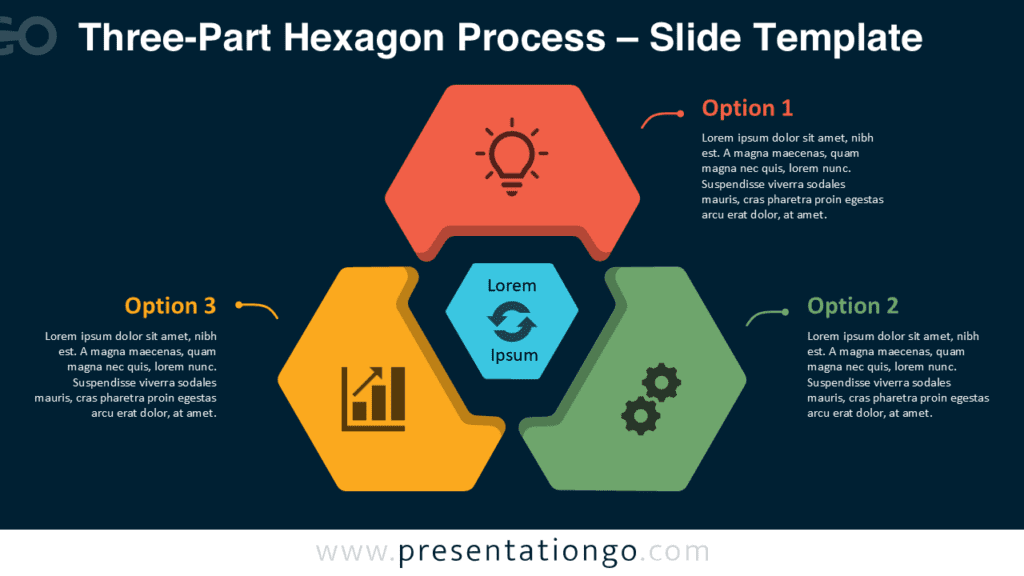 Three-Part Hexagon Process PowerPoint diagram for Google Slides with editable Office icons and three option labels.