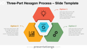 Three-Part Hexagon Process PowerPoint and Google Slides diagram with hexagon segments, editable icons, and labels.