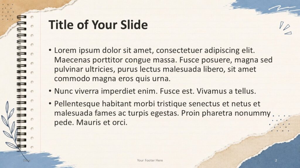 Title and content slide for PowerPoint and Google Slides using notebook lines, editable bullets, and torn paper accents.