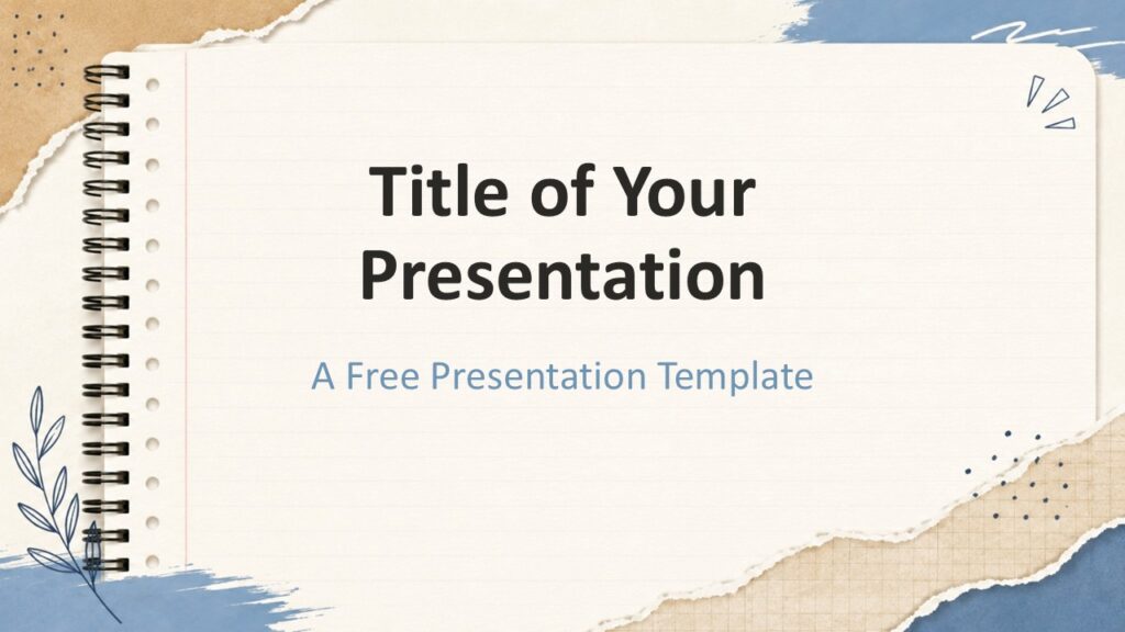 Torn Paper Notebook cover slide for PowerPoint and Google Slides with lined paper, torn textures, and blue accents.