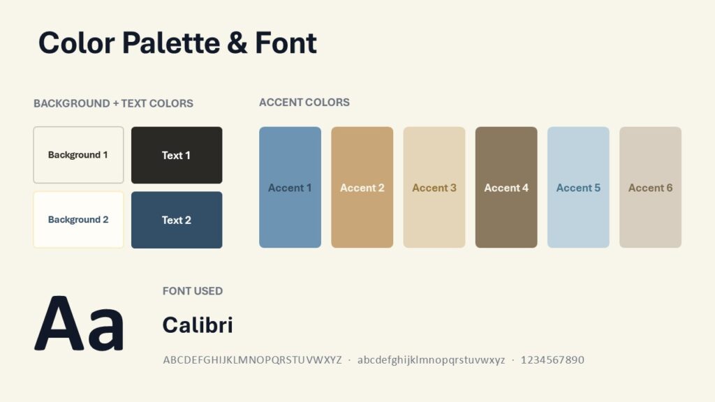 Color palette and font slide for PowerPoint and Google Slides showing Slate Blue, Warm Tan, Parchment, and Calibri.