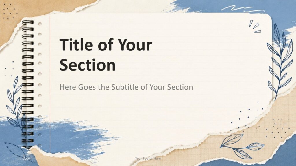 Section divider slide for PowerPoint and Google Slides with bold title area, handmade paper layers, and blue brush accents.
