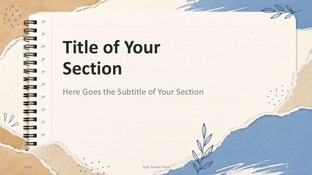 Second section divider for PowerPoint and Google Slides with open notebook space, botanical line art, and torn paper details.