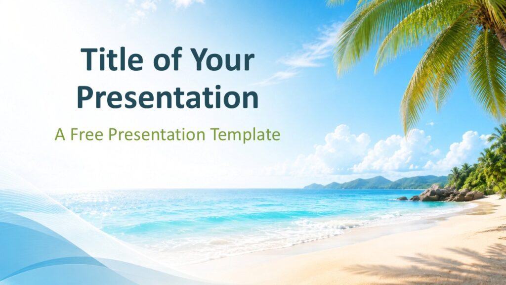 Tropical Beach Cover PowerPoint Google Slides Tropical Beach cover slide for PowerPoint and Google Slides with palm trees, turquoise sea, and editable title text.