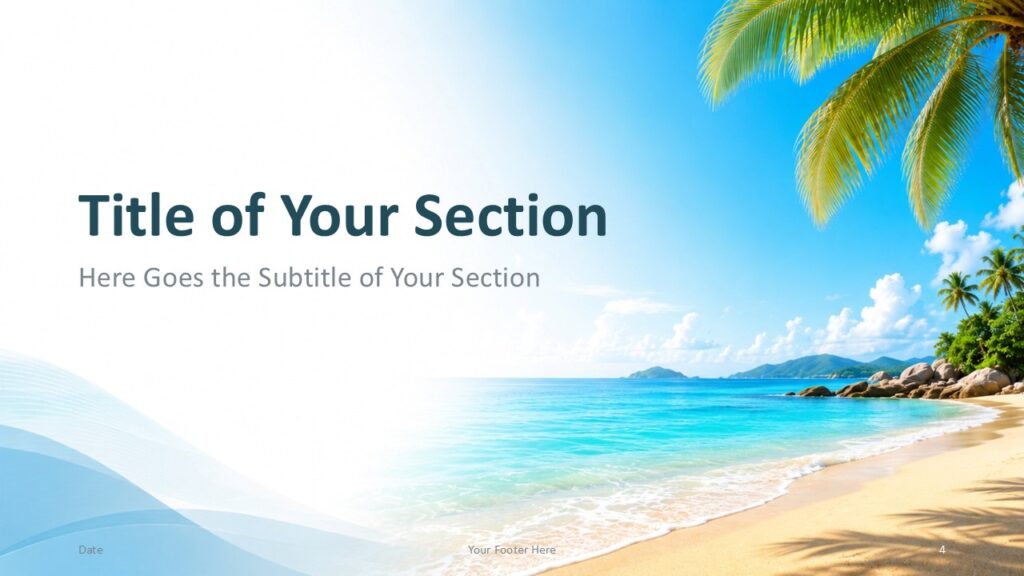 Tropical Beach Section Divider 1 PowerPoint Google Slides Tropical Beach section divider for PowerPoint and Google Slides with wide title area, ocean photo, and calm design.