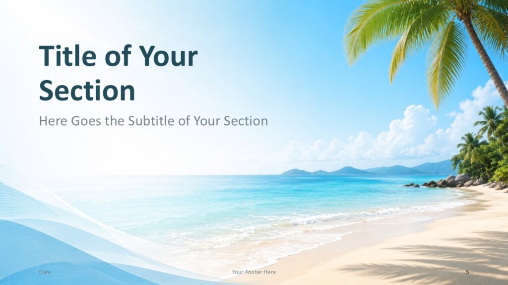 Tropical Beach Section Divider 2 PowerPoint Google Slides Tropical Beach section slide for PowerPoint and Google Slides with vertical title layout, beach view, and soft palette.