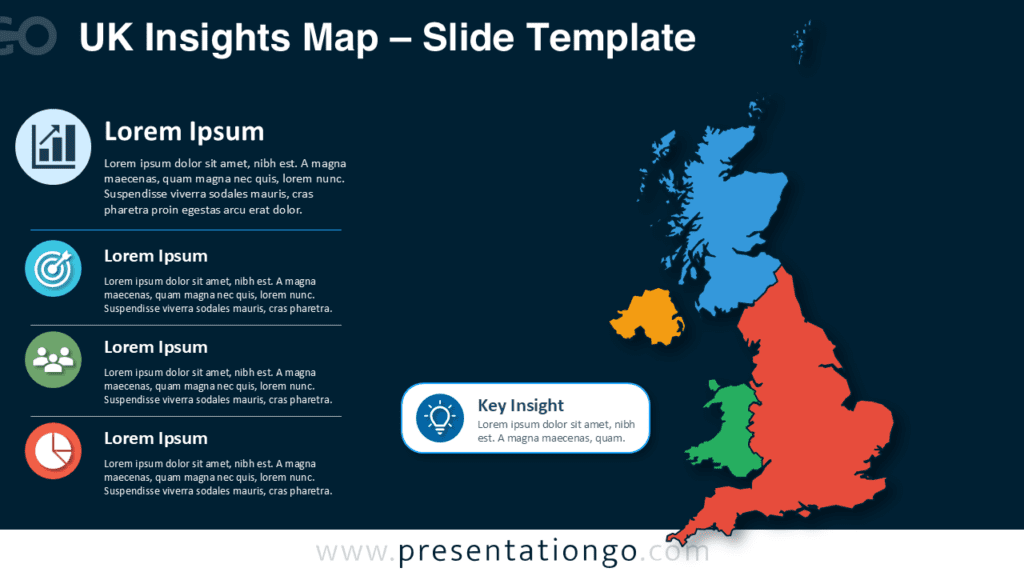 UK Insights Map PowerPoint and Google Slides Diagram UK Insights Map PowerPoint and Google Slides diagram with editable UK regions, Office icons, left text blocks, and callout.