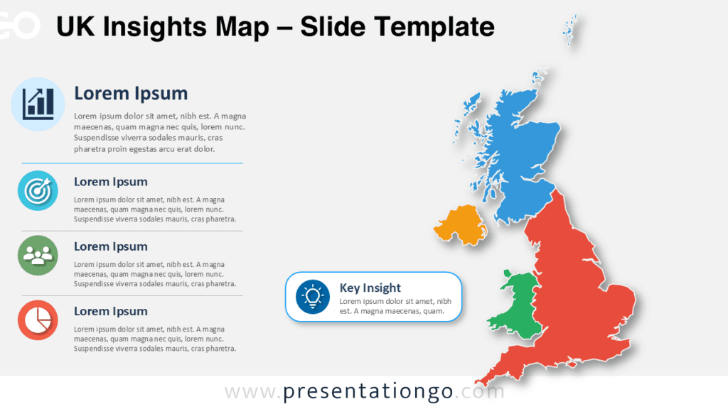 UK Insights Map for PowerPoint and Google Slides with editable UK regions, Office icons, insight blocks, and key callout.