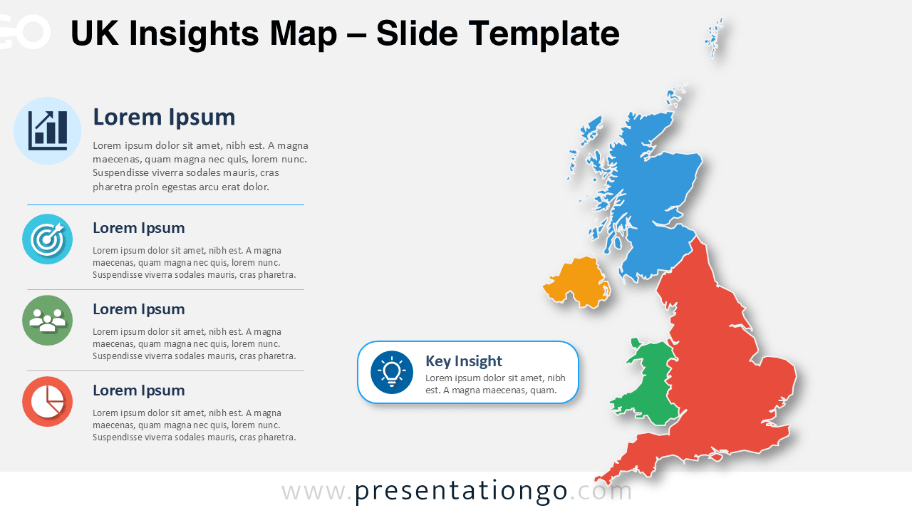 UK Insights Map for PowerPoint and Google Slides with editable UK regions, Office icons, insight blocks, and key callout.