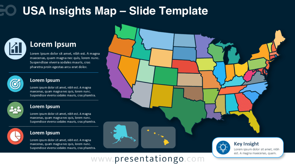 USA Insights Map for PowerPoint and Google Slides USA Insights Map for PowerPoint and Google Slides showing editable U.S. states, text blocks, Office icons, and callout.