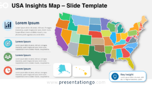USA Insights Map for PowerPoint and Google Slides with editable states, Office icons, and key insight callout.