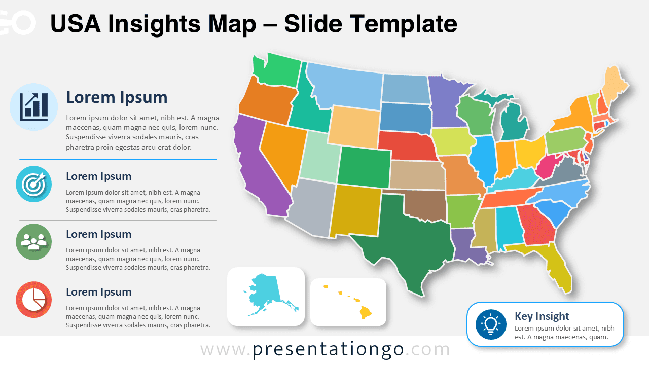 USA Insights Map for PowerPoint and Google Slides with editable states, Office icons, and key insight callout.