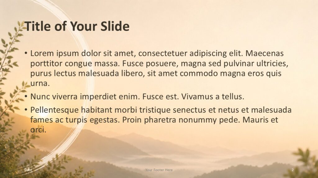 Zen Sunrise Template content slide for PowerPoint and Google Slides with warm scenery, bullet text, and leafy accents.