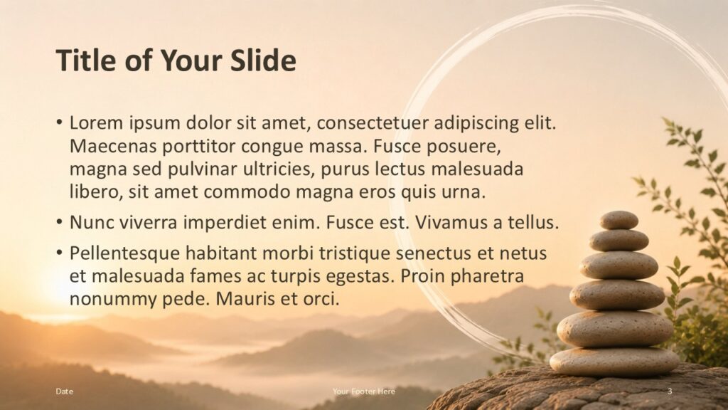 Zen Sunrise Template second content slide for PowerPoint and Google Slides with left text blocks and balanced stones.