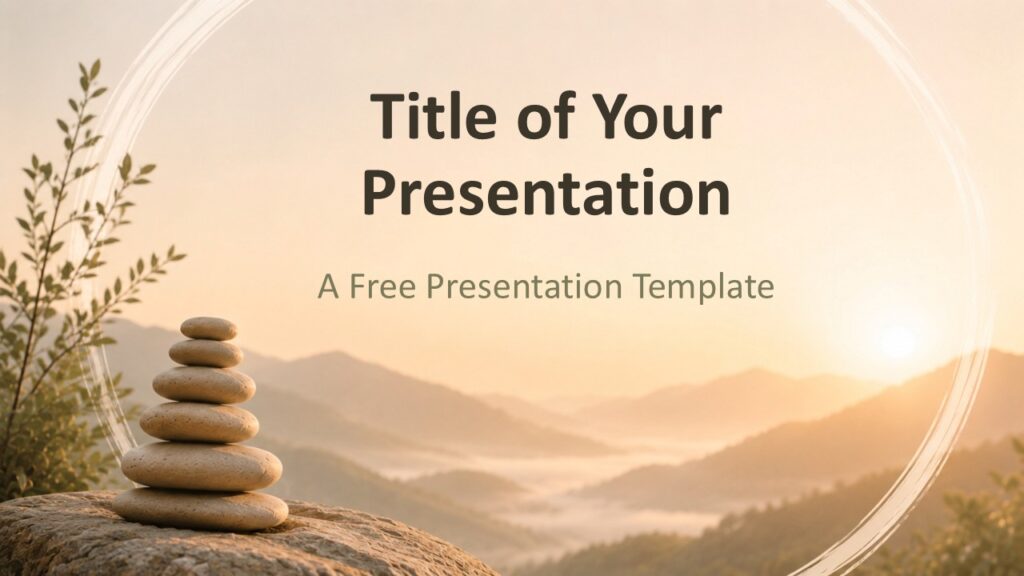 Zen Sunrise Template cover slide for PowerPoint and Google Slides with sunrise mountains, zen stones, and calm text.